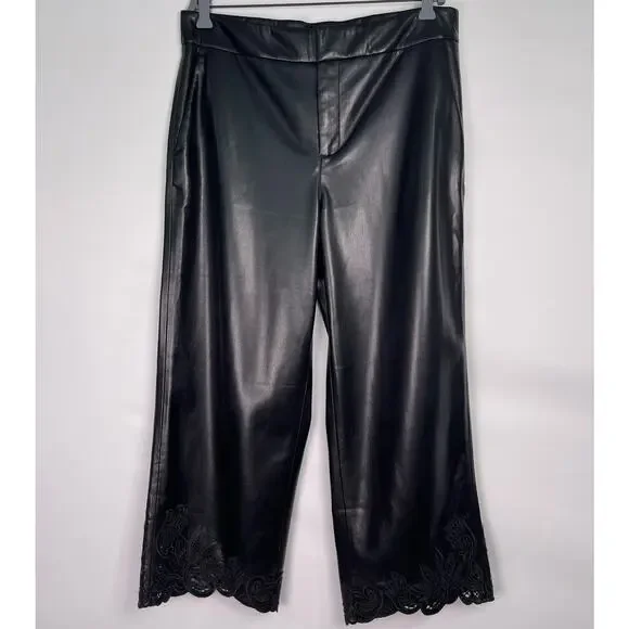 Chico’s Black Faux Leather Lace Hem Cropped Trousers Pants Size 10 Petite - Picture 3 of 13
